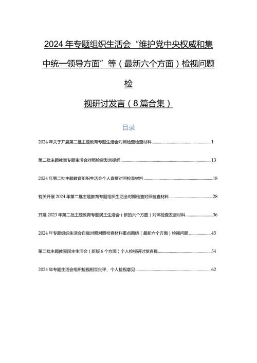 2024年专题组织生活会“维护党中央权威和集中统一领导方面”等(最新六个方面)检视问题检视研讨发言（8篇合集）.docx