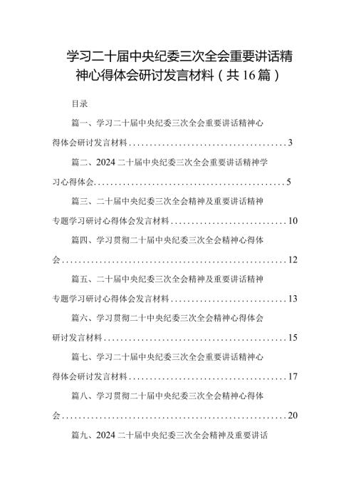 学习二十中央纪委三次全会重要讲话精神心得体会研讨发言材料（16篇）(1).docx