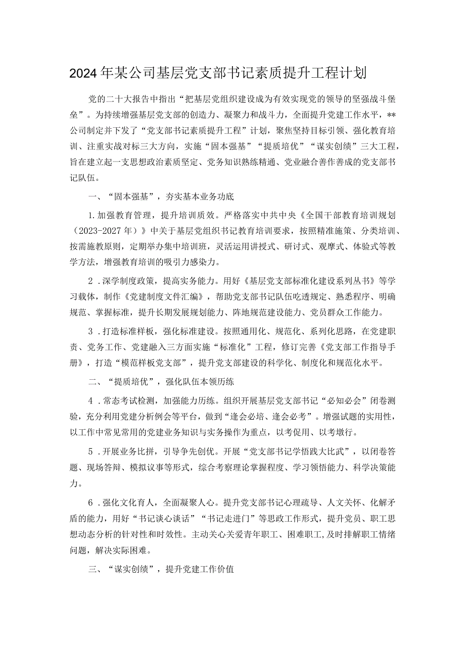 2024年某公司基层党支部书记素质提升工程计划.docx_第1页