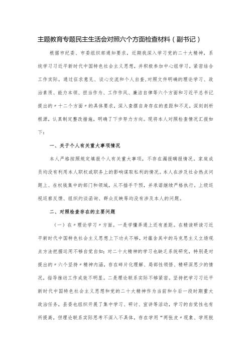 主题教育专题民主生活会对照六个方面检查材料（副书记）.docx