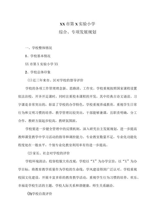 XX市第X实验小学综合、专项发展规划（2024年）.docx