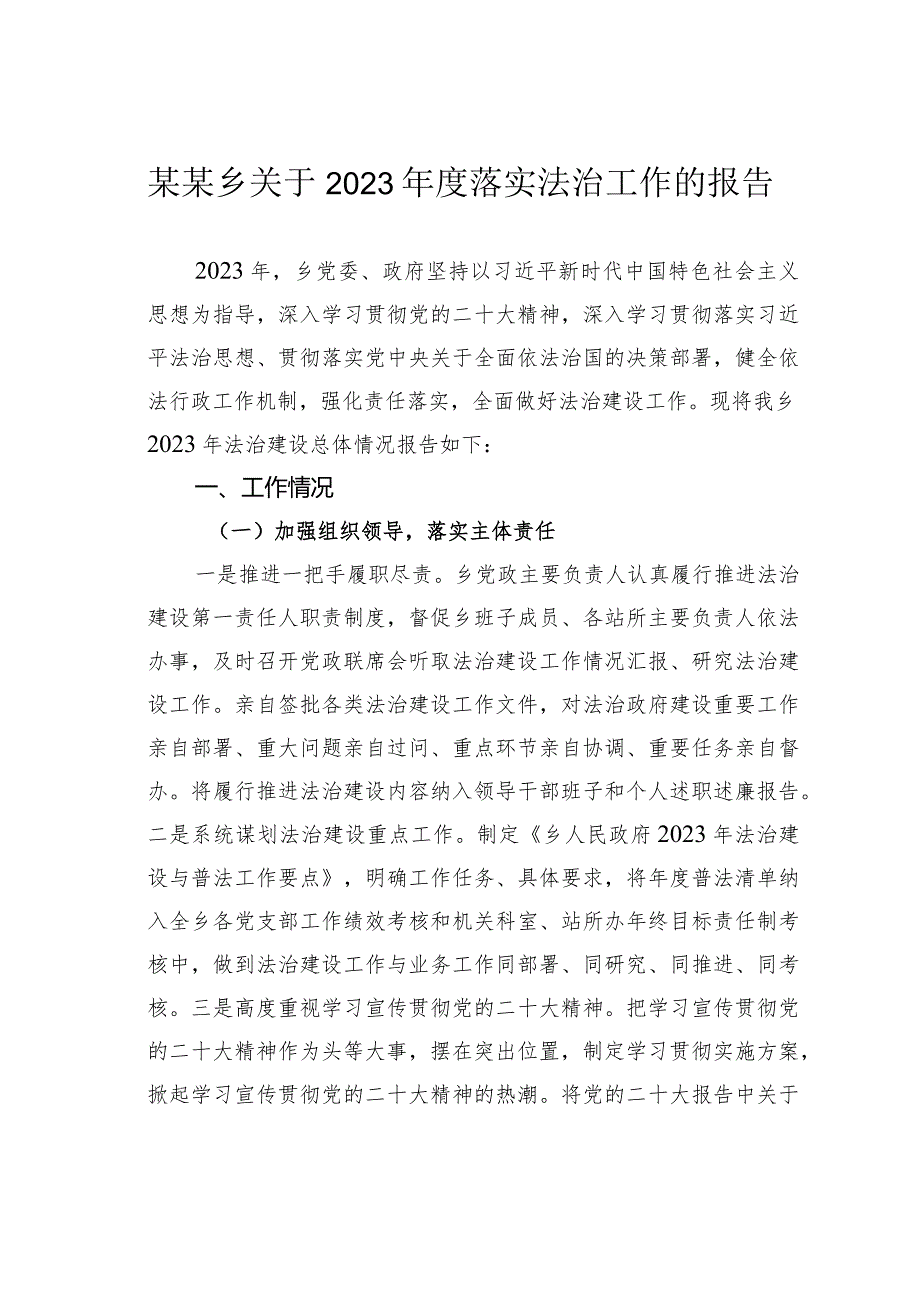 某某乡关于2023落实法治工作的报告.docx_第1页