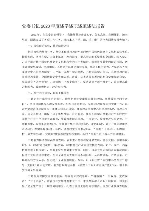 党委书记2023述学述职述廉述法报告.docx