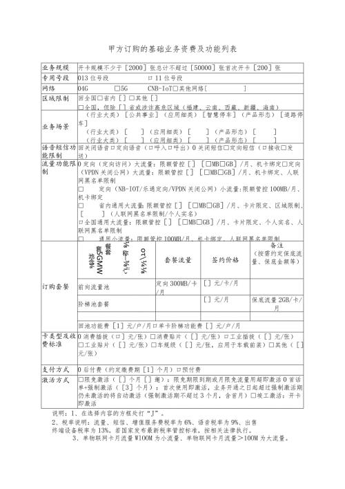 甲方订购的基础业务资费及功能列表.docx