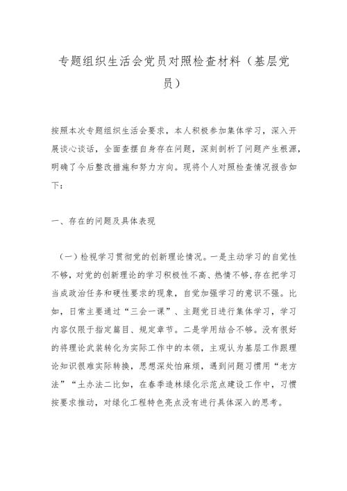 专题组织生活会党员对照检查材料（基层党员）.docx