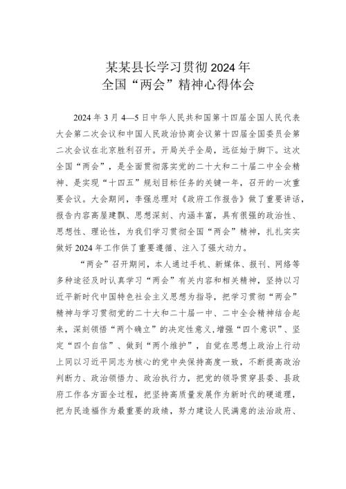 某某县长学习贯彻2024年全国“两会”精神心得体会.docx