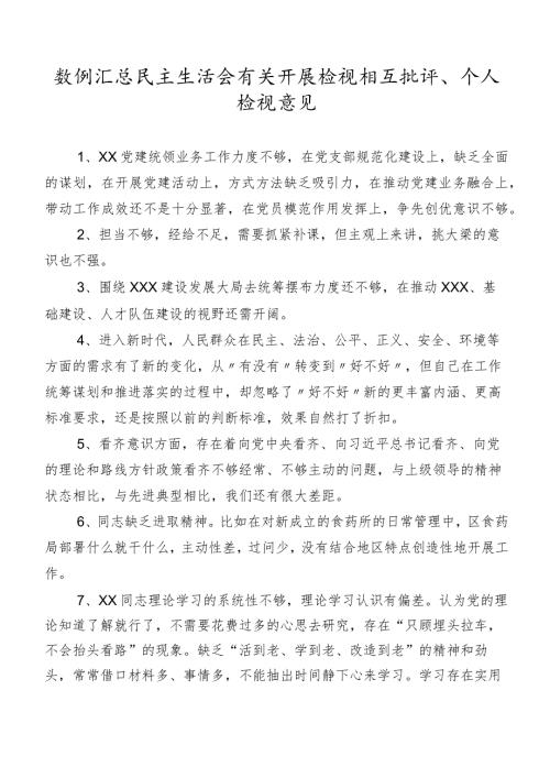 数例汇总民主生活会有关开展检视相互批评、个人检视意见.docx