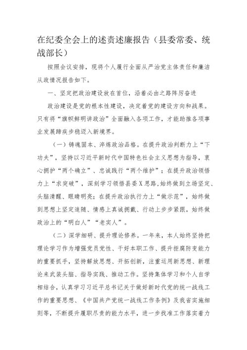在纪委全会上的述责述廉报告（县委常委、统战部长）.docx