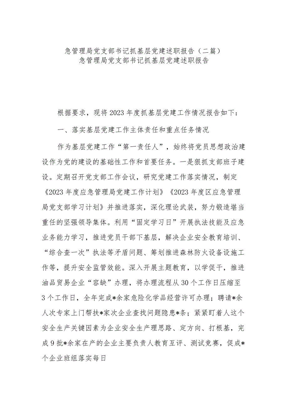 急管理局党支部书记抓基层党建述职报告(二篇).docx_第1页