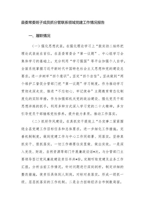 2023班子成员抓分管联系领域党建工作情况报告范文.docx