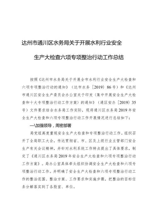 达州市通川区水务局关于开展水利行业安全生产大检查六项专项整治行动工作总结.docx