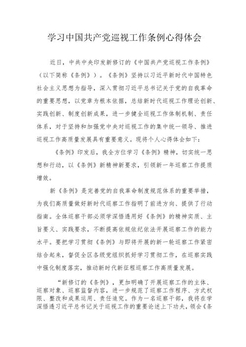 高铁站工作员学习中国共产党巡视工作条例个人心得体会 汇编6份.docx
