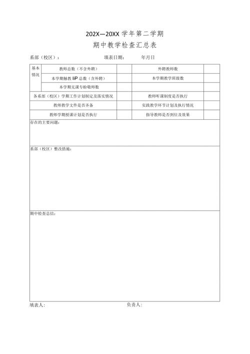 郑州XX职业技术学院202X—20XX第二学期期中教学检查汇总表（2024年）.docx