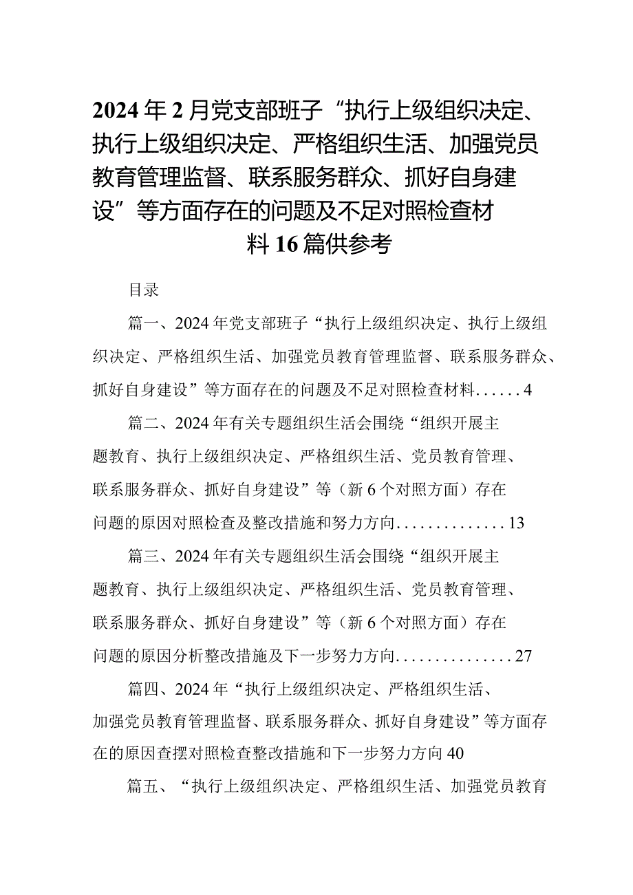 2024年2月党支部班子“执行上级组织决定、执行上级组织决定、严格组织生活、加强党员教育管理监督、联系服务群众、抓好自身建设”等方面.docx_第1页