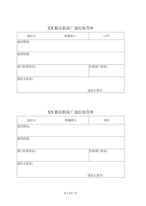 XX锻压机床厂违纪处罚单（2024年）.docx