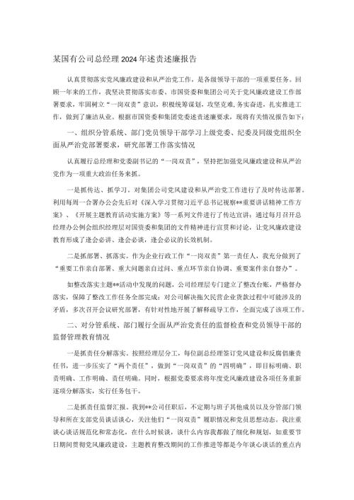 某国有公司总经理2024年述责述廉报告.docx