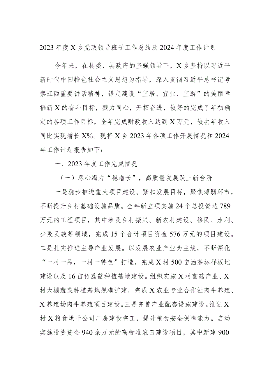 2023X乡党政领导班子工作总结及2024工作计划.docx_第1页