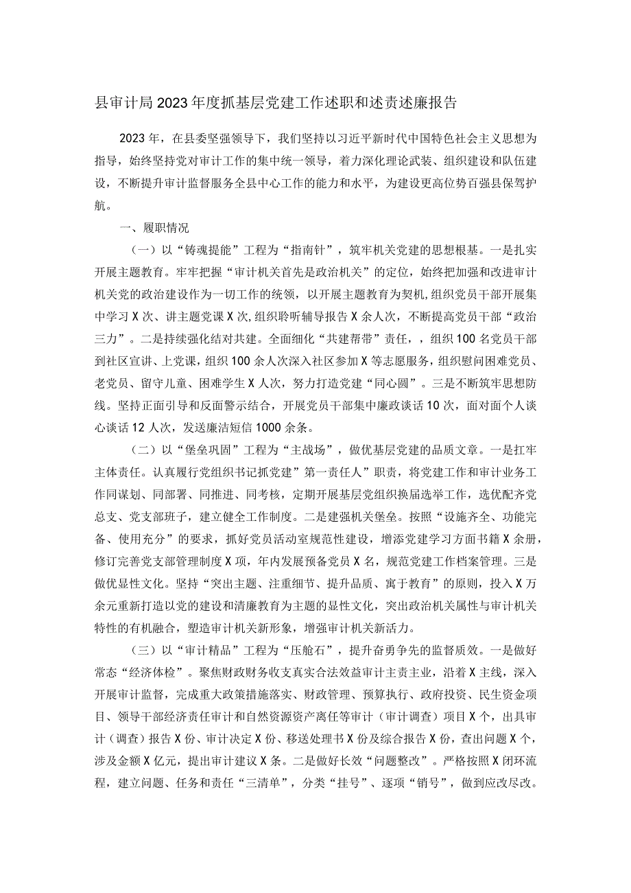 县审计局2023抓基层党建工作述职和述责述廉报告(1).docx_第1页