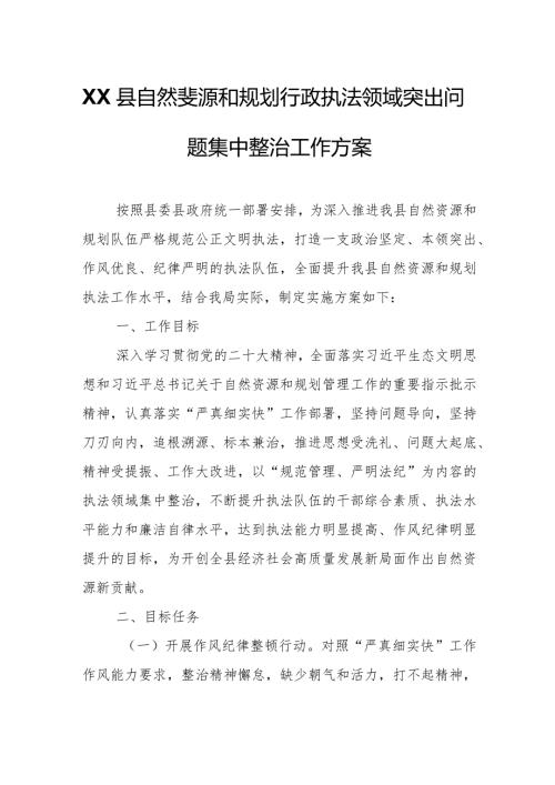 XX县自然资源和规划行政执法领域突出问题集中整治工作方案.docx