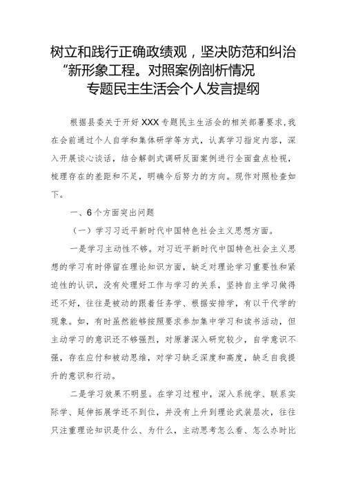 树立和践行正确政绩观坚决防范和纠治“新形象工程”对照案例剖析情况专题民主生活会个人发言提纲.docx