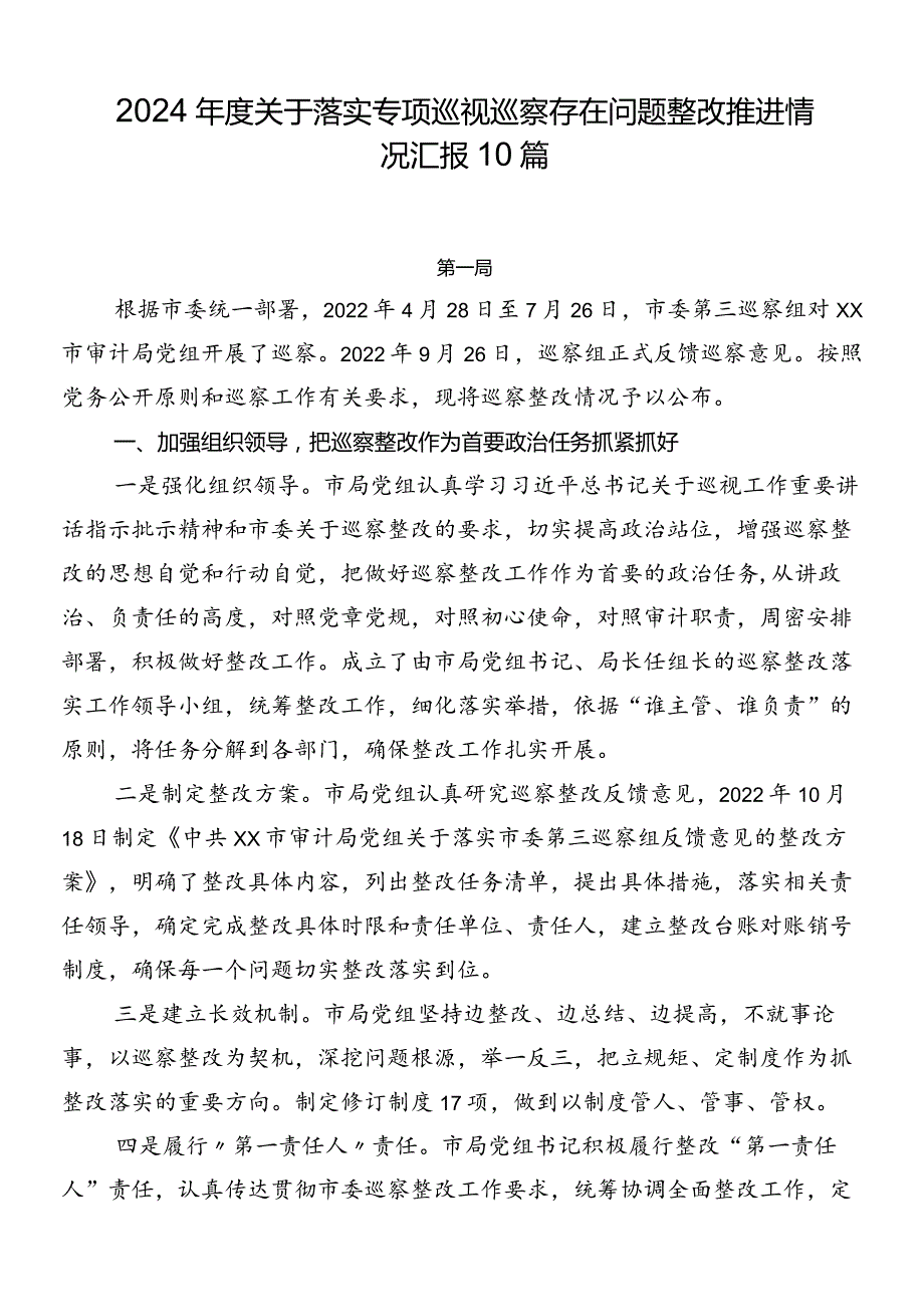 2024关于落实专项巡视巡察存在问题整改推进情况汇报10篇.docx_第1页