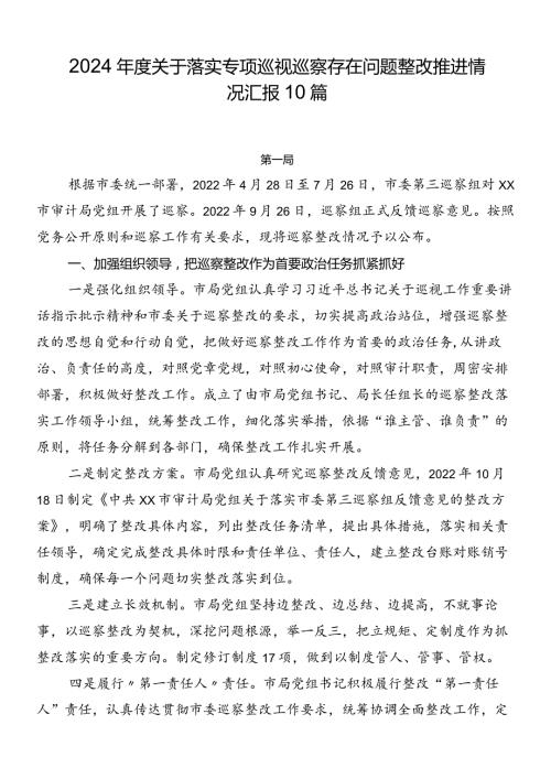 2024关于落实专项巡视巡察存在问题整改推进情况汇报10篇.docx