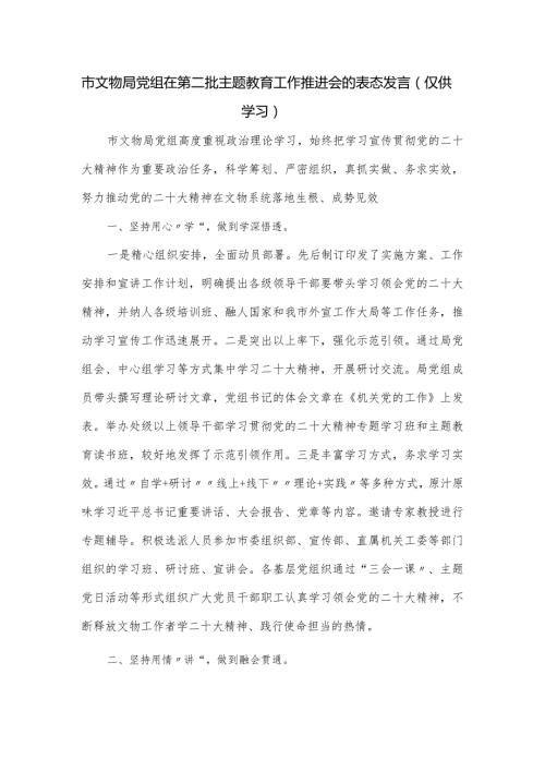 市文物局党组在第二批主题教育工作推进会的表态发言.docx