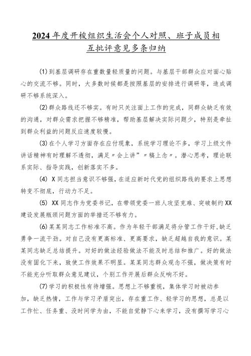 2024开展组织生活会个人对照、班子成员相互批评意见多条归纳.docx