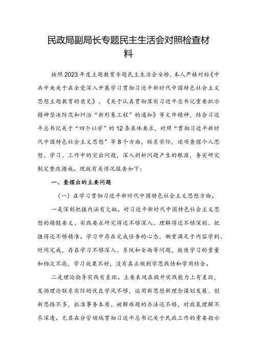 民政局副局长专题民主生活会对照检查材料.docx