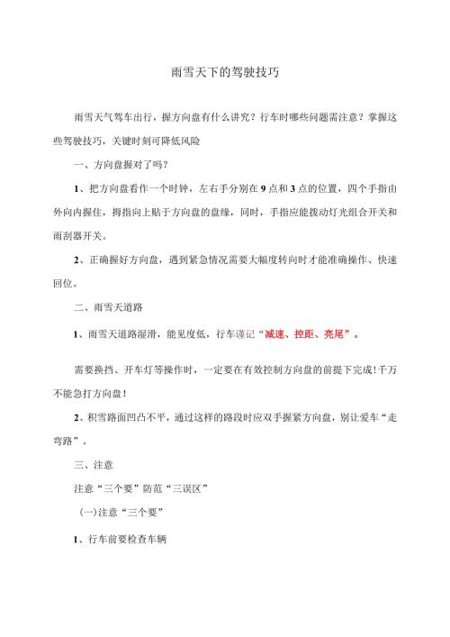 雨雪天下的驾驶技巧（2024年）.docx