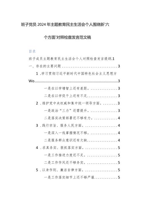 班子党员2024年主题教育民主生活会个人围绕新“六个方面”对照检查发言范文稿.docx