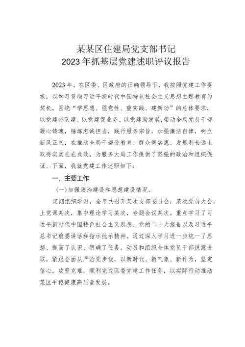 某某区住建局党支部书记2023年抓基层党建述职评议报告.docx
