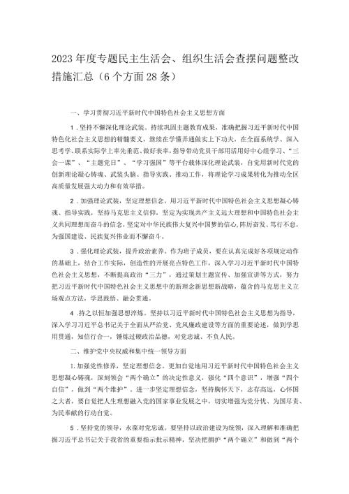 2023专题民主生活会、组织生活会查摆问题整改措施汇总（6个方面28条）.docx