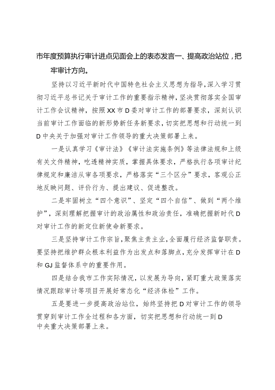 市预算执行审计进点见面会上的表态发言.docx_第1页