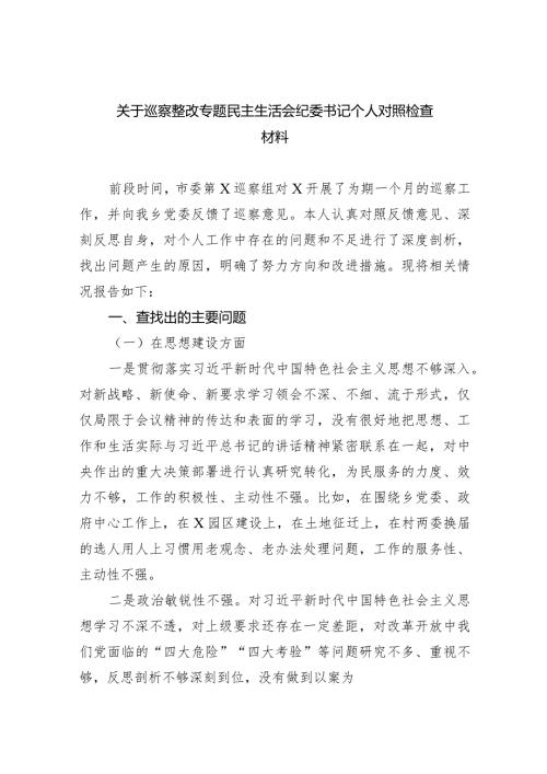 关于巡察整改专题民主生活会纪委书记个人对照检查材料8篇（详细版）.docx