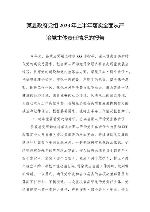 某县政府党组2023年上半年落实全面从严治党主体责任情况的报告.docx