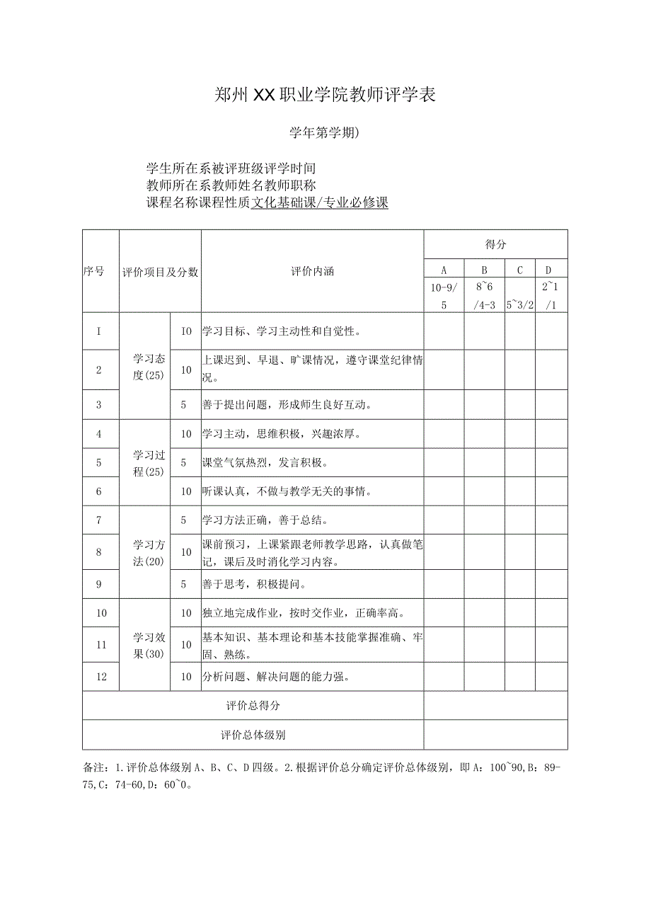 郑州XX职业学院XX学期教师评学表（2024年）.docx_第1页