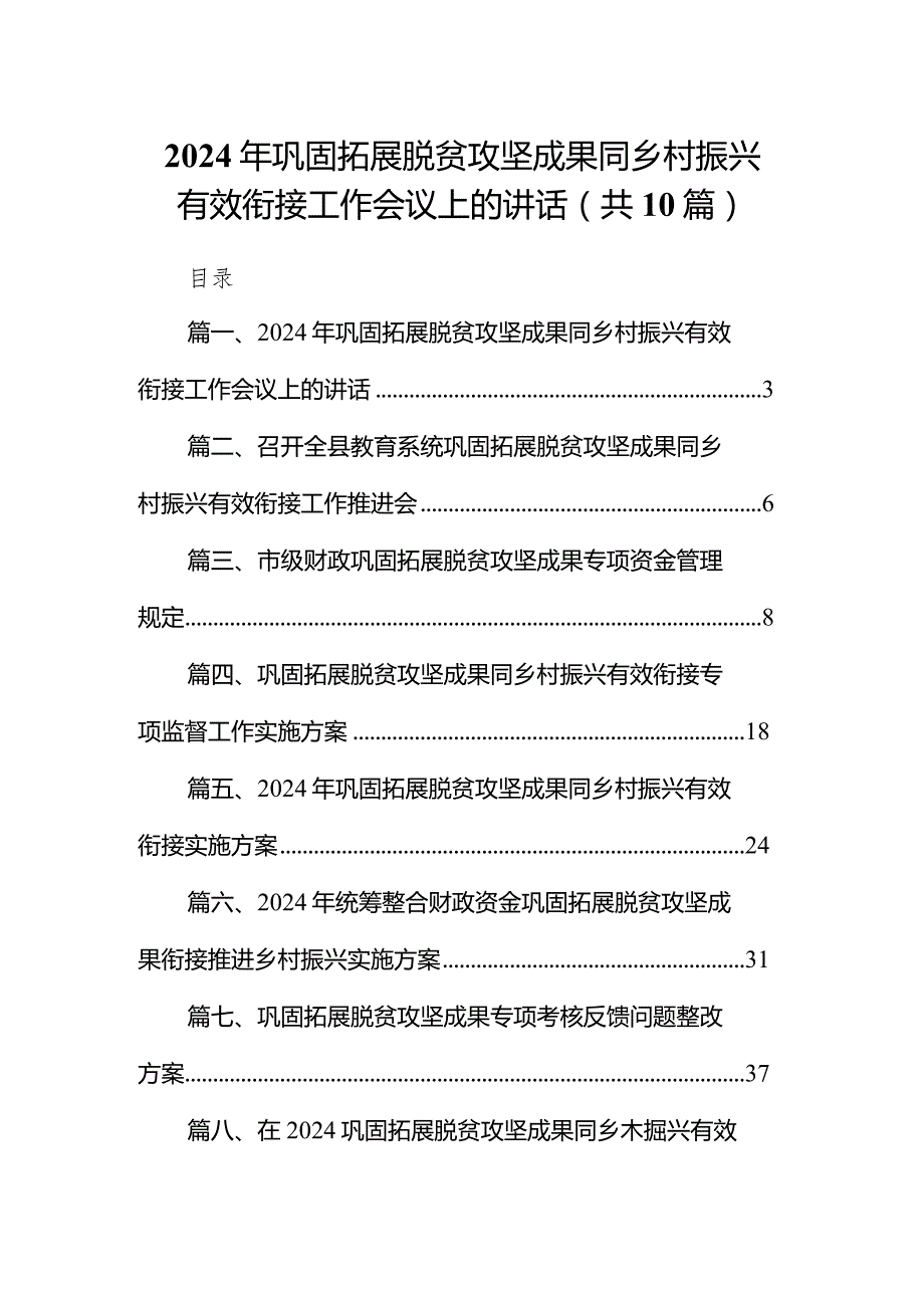 2024年巩固拓展脱贫攻坚成果同乡村振兴有效衔接工作会议上的讲话10篇（详细版）.docx_第1页