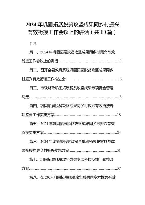2024年巩固拓展脱贫攻坚成果同乡村振兴有效衔接工作会议上的讲话10篇（详细版）.docx
