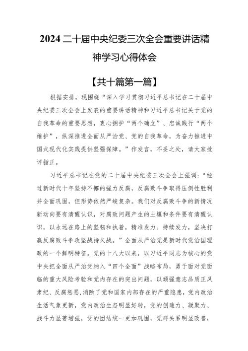 （10篇）2024二十中央纪委三次全会重要讲话精神学习心得体会.docx