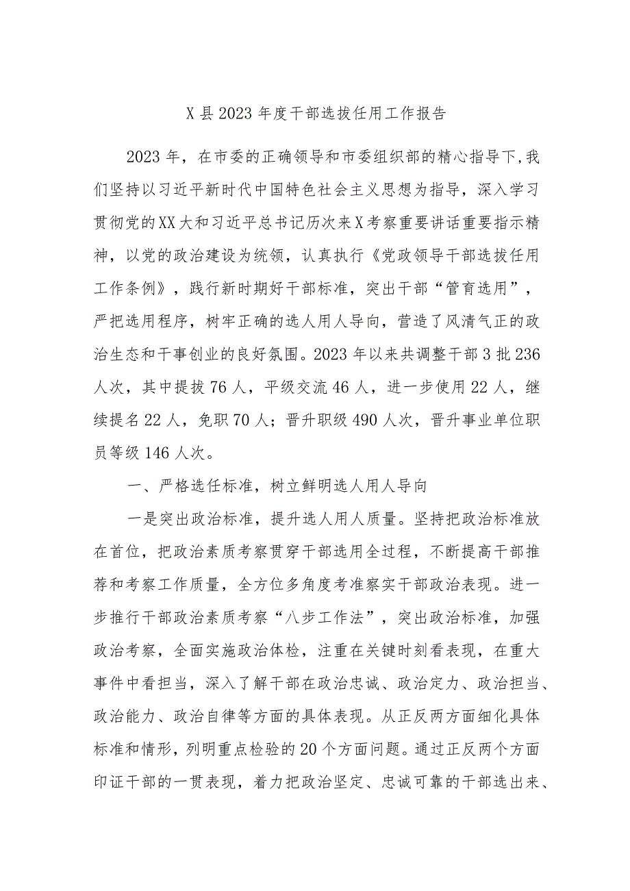 X县2023干部选拔任用工作报告.docx_第1页