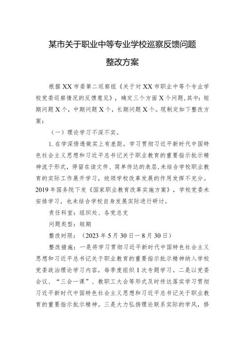某市关于职业中等专业学校巡察反馈问题整改方案.docx