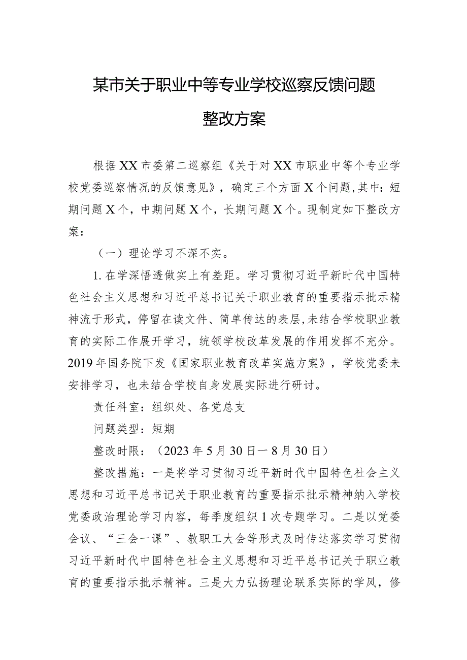 某市关于职业中等专业学校巡察反馈问题整改方案.docx_第1页