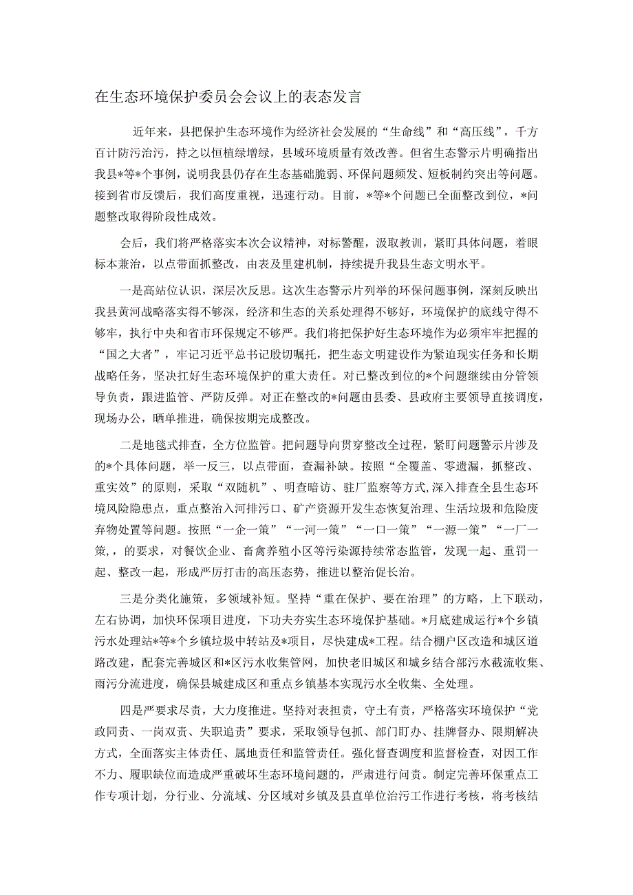 在生态环境保护委员会会议上的表态发言(1).docx_第1页