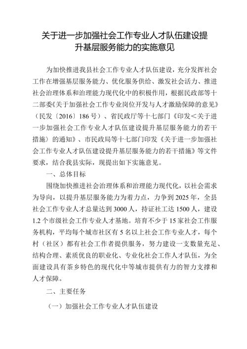 关于进一步加强社会工作专业人才队伍建设提升基层服务能力的实施意见.docx