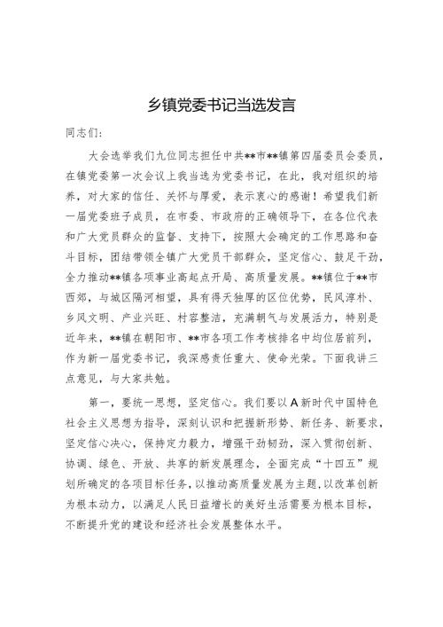 2024年乡镇党委书记当选发言材料.docx