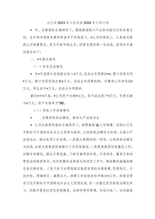 分公司2023年工作总结2024年工作计划.docx