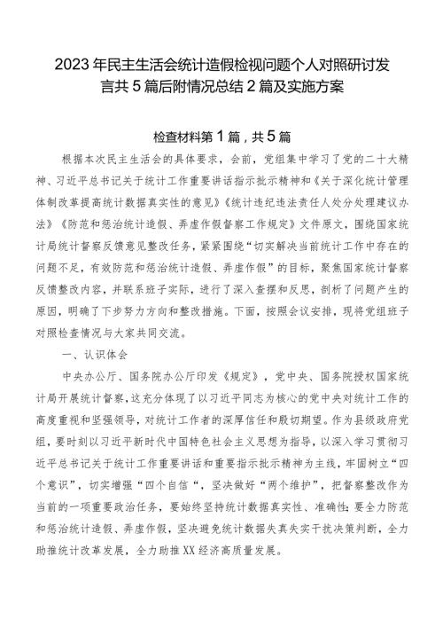 2023年民主生活会统计造假检视问题个人对照研讨发言共5篇后附情况总结2篇及实施方案.docx