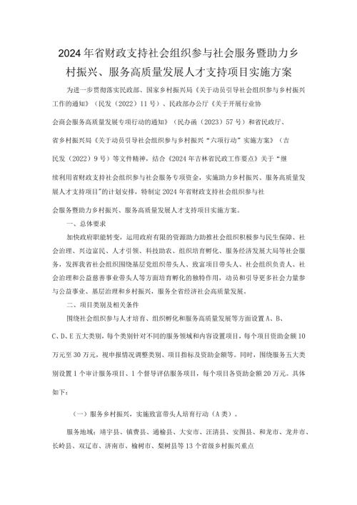 2024年省财政支持社会组织参与社会服务暨助力乡村振兴、服务高质量发展人才支持项目实施方案全文及合同模板.docx