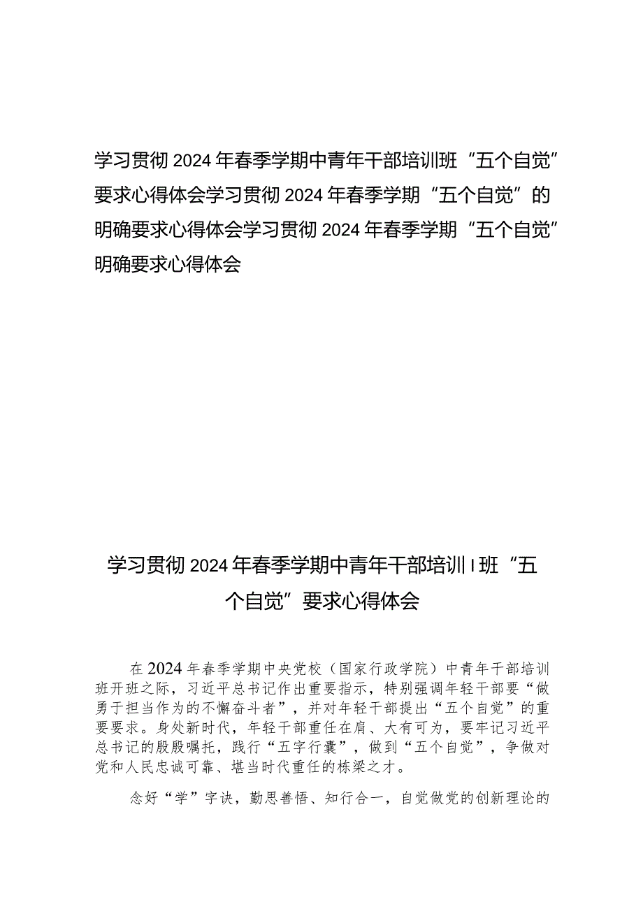 学习贯彻2024年季学期中青年干部培训班“五个自觉”的明确要求心得体会3篇.docx_第1页